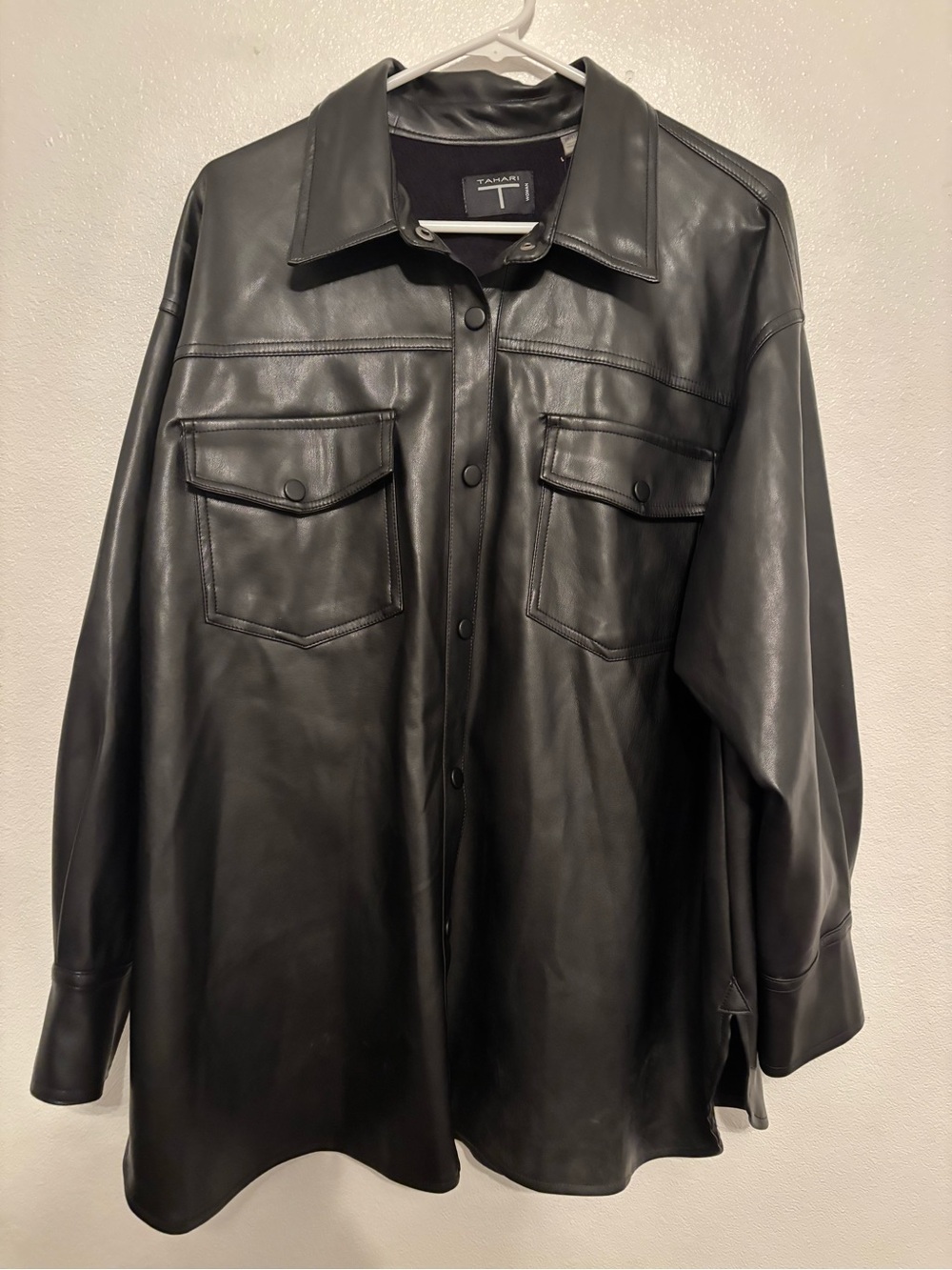 Tahari Black Faux Leather Button-Front Shirt Jacket NWT 2XL